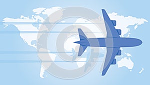 Plane hovering over the world map. Vector illustration.