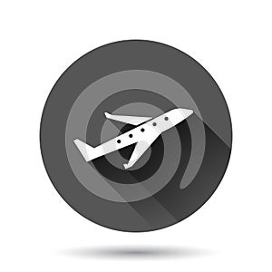 Plane icon in flat style. Airplane vector illustration on black round background with long shadow effect. Flight airliner circle