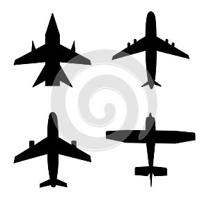 Plane icon. Jet in air. Airplane for travel, cargo, commercial flight. Silhouette of aircraft. Aeroplane fly from airport. Set of