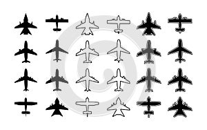 Plane icon. Silhouette of airplane. Outline aircraft for travel, transport, cargo and military. Symbol for airplain. Simple white photo