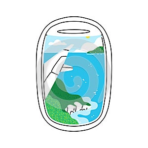 Plane illuminator view on seascape scenery, vector illustration