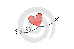 Plane and its track in the shape of a heart on white background. Vector illustration. Aircraft flight path and its route