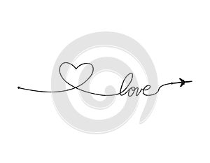 Plane and its track in the shape of a heart on white background. Vector illustration. Aircraft flight path and its route