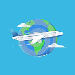 Plane jet on background planet earth. Icon airplane. Concept travel, vacation, air transportation.