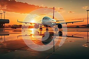 Plane landing at the airport at sunset with passengers and tourists returning from vacation