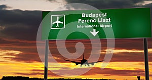 Plane landing in Budapest Ferenc Liszt with signboard