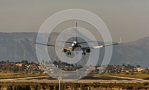 Plane landing at Corfu International Airport.