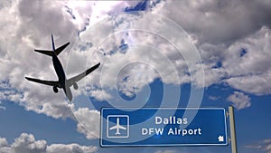 Plane landing in Dallas DFW with signboard