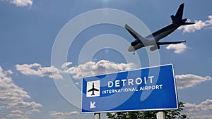 Plane landing in Detroit, Metro, DTW, Michigan with signboard