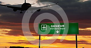 Plane landing in Geneve with signboard
