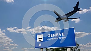 Plane landing in Geneve with signboard