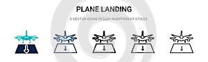 Plane landing icon in filled, thin line, outline and stroke style. Vector illustration of two colored and black plane landing