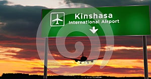 Plane landing in Kinshasa Congo airport with signboard