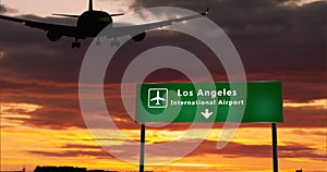Plane landing in Los Angeles with signboard