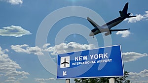 Plane landing in New York USA airport with signboard