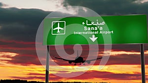 Plane landing in Sana`a, Sanaa Yemen airport