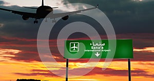 Plane landing in Sana`a, Sanaa Yemen airport with signboard