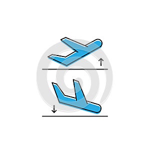 Plane landing, takeoff vector icon symbol isolated on white background