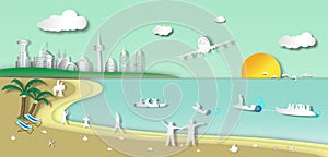 The plane is landing to the beach with landscape cityscape and boatman outdoor background of paper art style, vector or