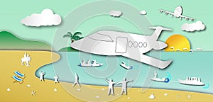The plane is landing to the beach with sea view and boatman outdoor background of paper art style,vector or illustration with
