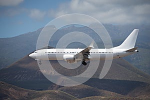 The plane lands.Airplane, passengers flying in the blue sky