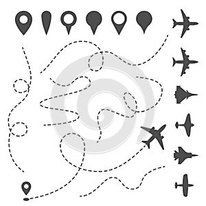 Plane line path. Airplane directional pathway, map dotted trail and fly direction. Aircrafts and pins vector symbols