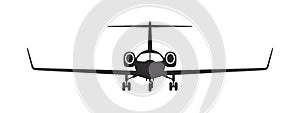 Plane. Modern private jet. Airplane silhouette front view. Vector image