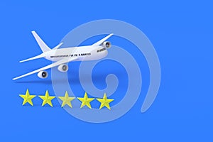 Plane near five yellow stars. Concept of best airline. Excellent feedback