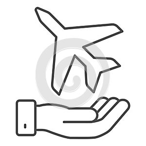 Plane in the palm thin line icon, airlines concept, plane takes off from palm vector sign on white background, plane in