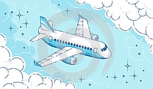 Plane passenger airliner flying in the sky surrounded by clouds, beautiful thin line 3d vector