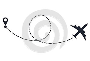 Plane with path of movement, airplane route, trajectory dotted line