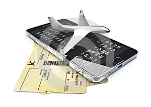 A plane on phone and tickets for business trip travel or vacation journey isolated 3d illustration