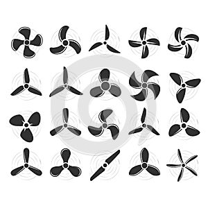 Plane propellers set - fan, rotor mover, aircraft propeller icons, wind fan rotating prop, airscrew photo