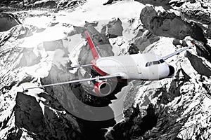 Plane red black white cloud travel transportion airplane mountains