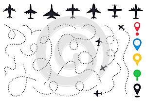 Plane route line. Planes dotted flight pathway, travel destination airplane track, planes and traveling routes vector