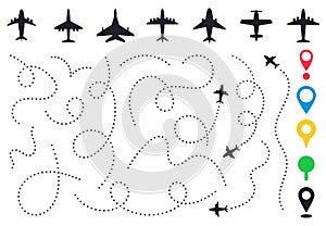 Plane route line. Planes dotted flight pathway, travel destination airplane track, planes and traveling routes vector photo