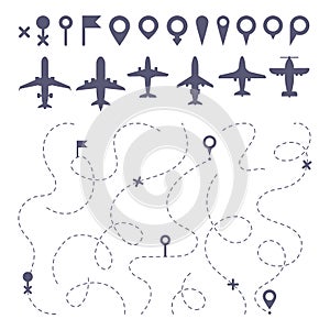 Plane route line. Planes dotted line trail directions, flight pathway direction map builder and airplane icons vector