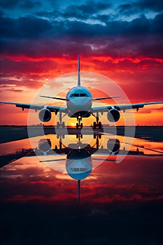 Plane is sitting on the runway at sunset or dawn. Generative AI