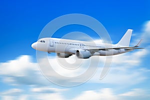 Plane in sky, Passenger commercial plane flying above the clouds ,concept of fast travel, vacation and business