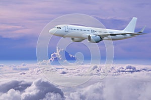 Plane in sky, Passenger commercial plane flying above the clouds ,concept of fast travel, vacation and business