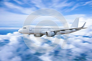 Plane in sky, Passenger commercial plane flying above the clouds ,concept of fast travel, vacation and business