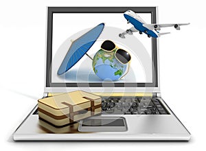 Plane with suitcase, globe and umbrella on laptop