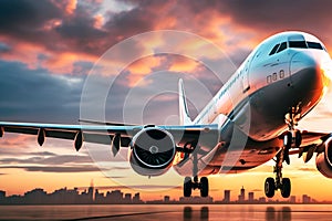 The plane takes off against the backdrop of a beautiful sunset sky with clouds. Travel concept