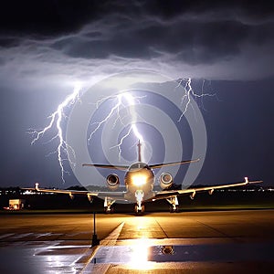 The plane takes off during a severe thunderstorm, night, lightning, bad weather, danger, fear