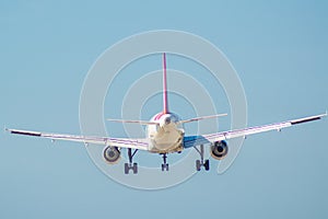 Plane taking off in Barcelona airport el Prat Josep Tarradellas, Catalonia, Spain. photo