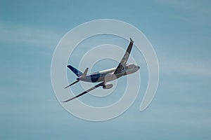 Plane taking off in Barcelona airport, Catalonia Spain.