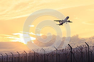 Plane taking off in Barcelona airport, Catalonia, Spain.