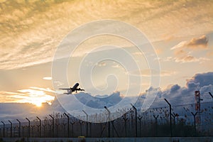 Plane taking off in Barcelona airport, Catalonia, Spain.