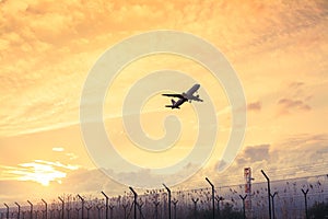 Plane taking off in Barcelona airport, Catalonia, Spain.