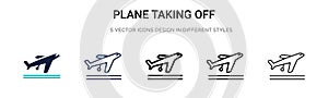 Plane taking off icon in filled, thin line, outline and stroke style. Vector illustration of two colored and black plane taking